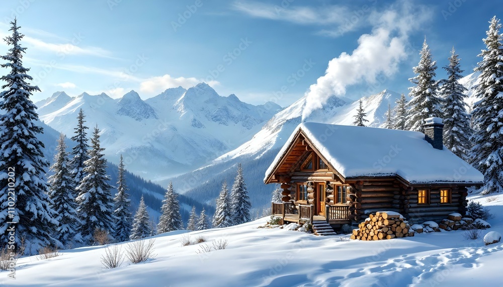 A cozy log cabin on a snowy mountain slope, with smoke coming out of the chimney and a stack of firewood beside it A cozy log cabin on a snowy mountain slope, with smoke coming out of the chimney and a stack of firewood beside it