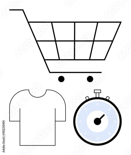 Shopping cart T-shirt and stopwatch. Ideal for e-commerce, retail, apparel, time management, speed, efficiency, online shopping. Line metaphor