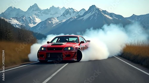 Red Sports Car Drifting on Mountain Road photo