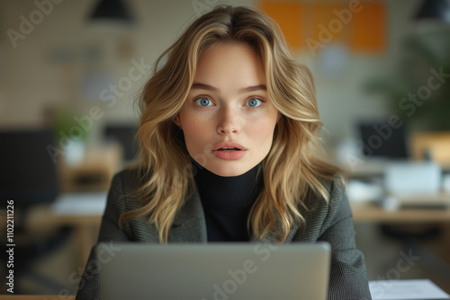 A young beautiful girl sits at a laptop and looks at the camera with fear and surprise.