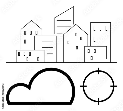 Modern city skyline with skyscrapers and buildings, accompanied by cloud and target symbol. Ideal for urban planning, smart cities, technology, data management, architecture, cloud computing