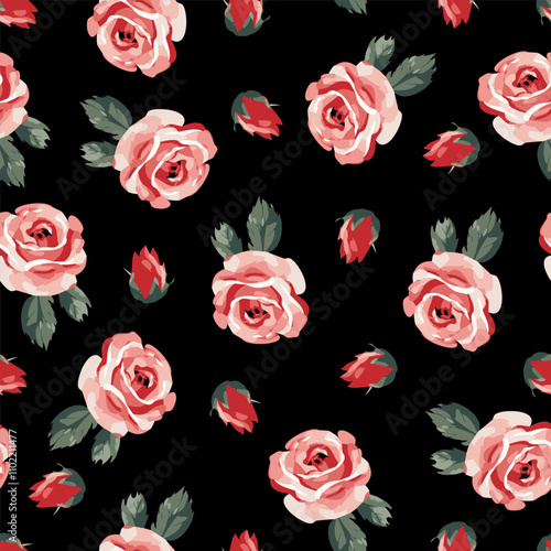 A classic floral seamless pattern featuring soft pink roses scattered on a dark backdrop.
