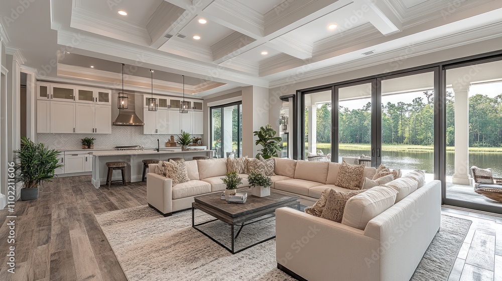 Fototapeta premium Modern Living Room Design With Lake View