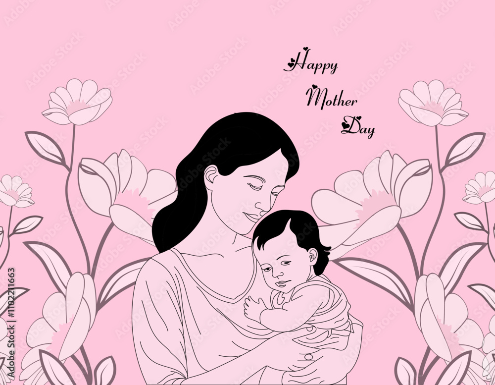 Happy Mother’s Day Vector Illustration with Flowers, Hearts, and Celebratory Happy Mother’s Day Vector Illustration with Flowers, Hearts, and Celebratory