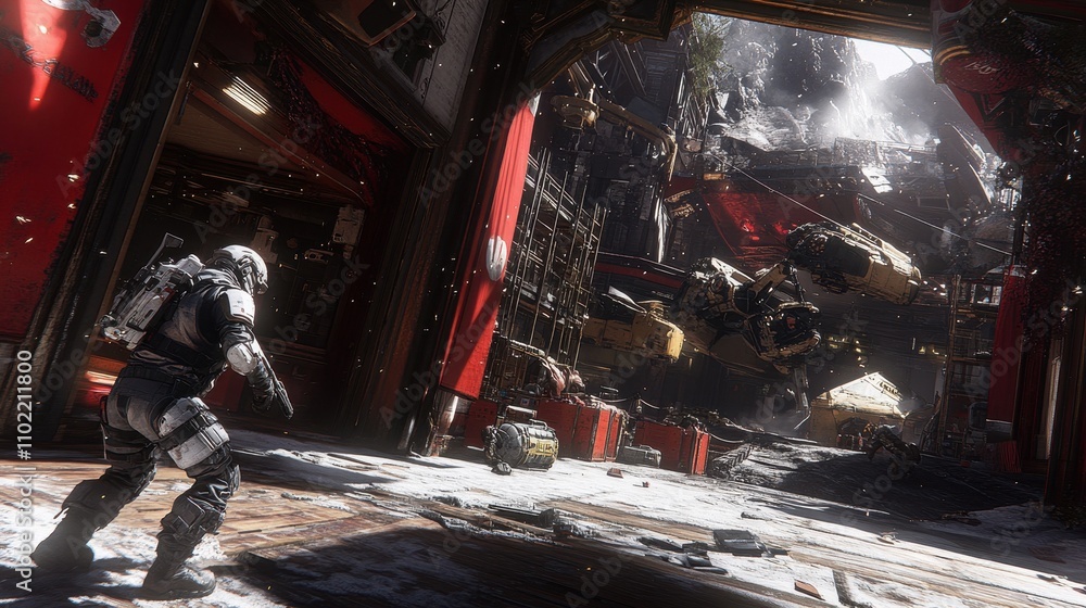 Intense Sci-Fi Battlefield with Futuristic Mecha and Soldiers Intense Sci-Fi Battlefield with Futuristic Mecha and Soldiers