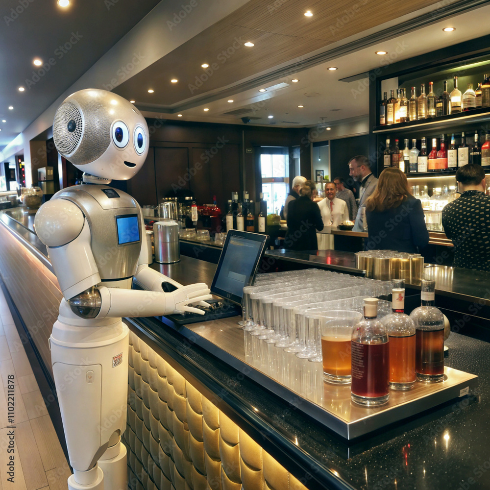 Humanoid robot serving drinks, android working as bartender in the pub, artificial intelligence concept, ai backround,