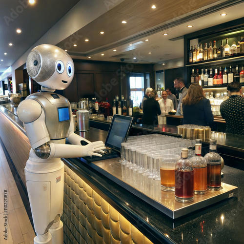 Obraz na płótnie Humanoid robot serving drinks, android working as bartender in the pub, artificial intelligence concept, ai backround, w salonie