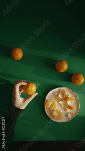 Woman's hand holding mandarin orange, green background, festive theme, cinematic colors, green background with copy space photo