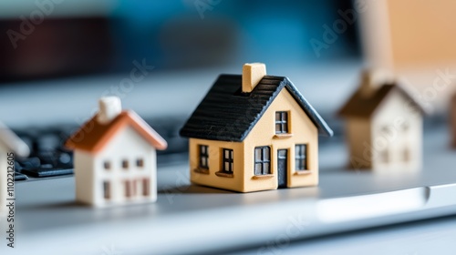 Miniature house models on a laptop keyboard symbolize real estate investment and online property management, Ideal for articles or ads related to housing, finance, or digital property services,