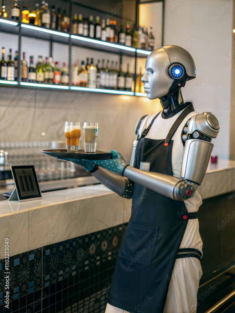 Humanoid robot serving drinks, android working as bartender in the pub, artificial intelligence concept, ai backround,