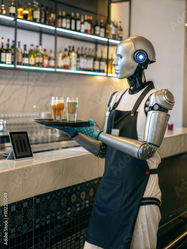 Obraz na płótnie Humanoid robot serving drinks, android working as bartender in the pub, artificial intelligence concept, ai backround, w salonie