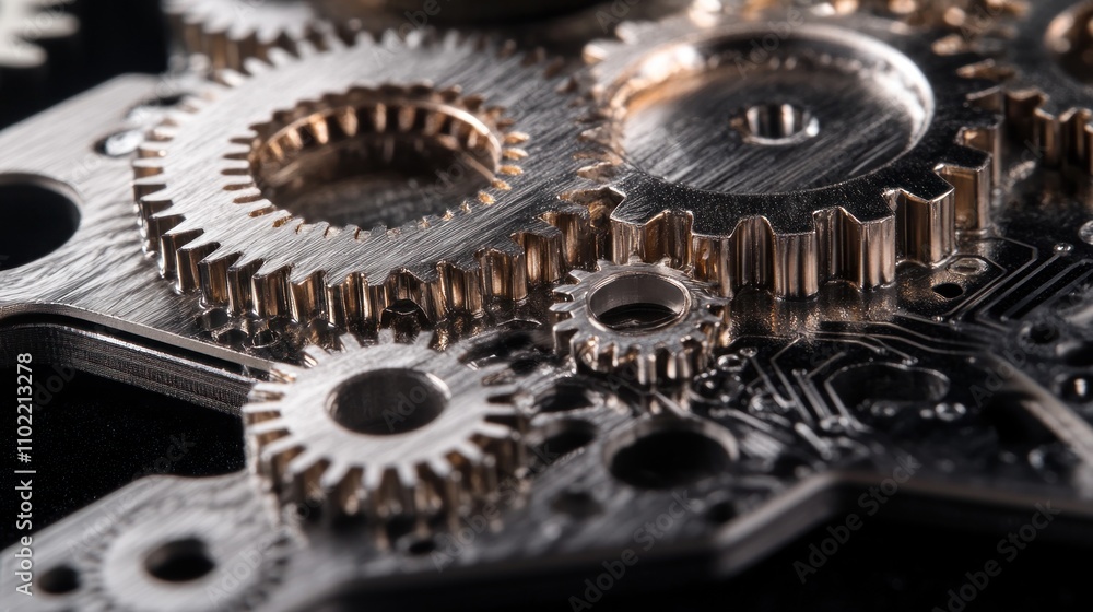 Close-up of intricate metallic gears showcasing precision engineering and mechanical design. Close-up of intricate metallic gears showcasing precision engineering and mechanical design.
