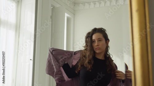 Young woman puts on a jacket or long sleeve shirt looking at herself in mirror. Confident female happy and feeling good about herself and body image. Smiling checking her fashion clothes in apartment