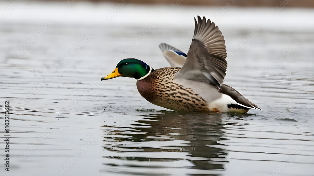 Obraz premium Against a pristine white backdrop, a Mallard glides gracefully. Its vibrant plumage stands out in sharp contrast. aI