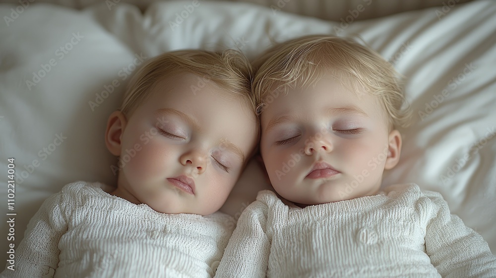 Sleeping newborn twins swaddled in white blankets, peaceful portrait. Sleeping newborn twins swaddled in white blankets, peaceful portrait.