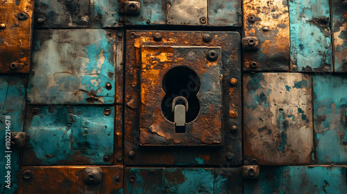 A close-up of an old, rusted metallic surface with a keyhole, showcasing a blend of turquoise and brown textures.