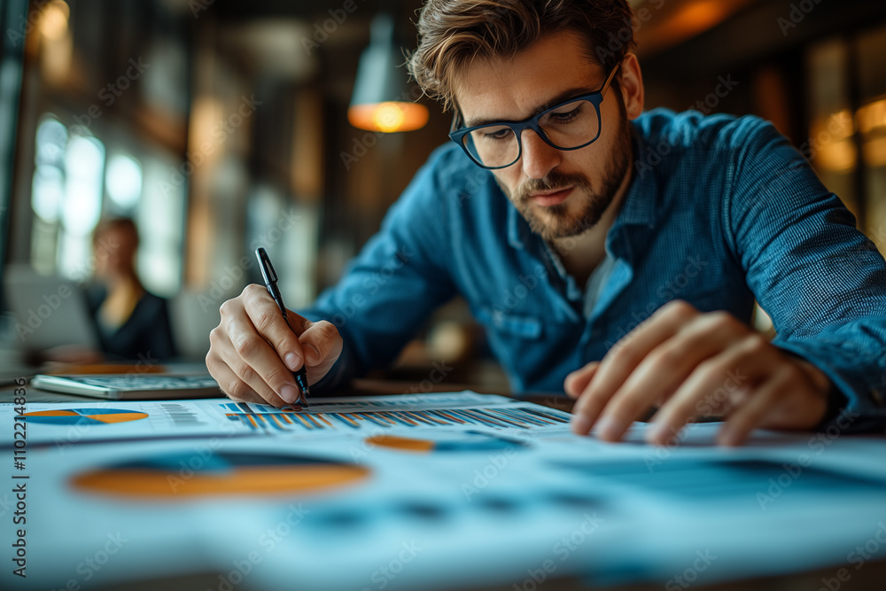 Analysts studying profit and loss graphs in a minimalist office environment. Analysts studying profit and loss graphs in a minimalist office environment.