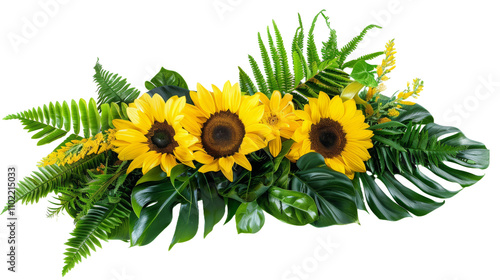 Yellow sunflowers, berries and green grass and leavesin a summer arrangement transparent background.png