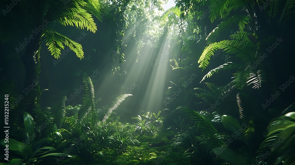Lush tropical jungle bathed in sunlight with thick greenery and vibrant foliage Lush tropical jungle bathed in sunlight with thick greenery and vibrant foliage