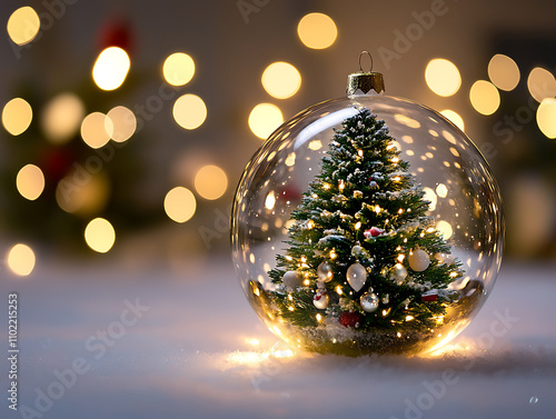 Christmas tree inside Christmas ball ornament on the snow on bokeh background