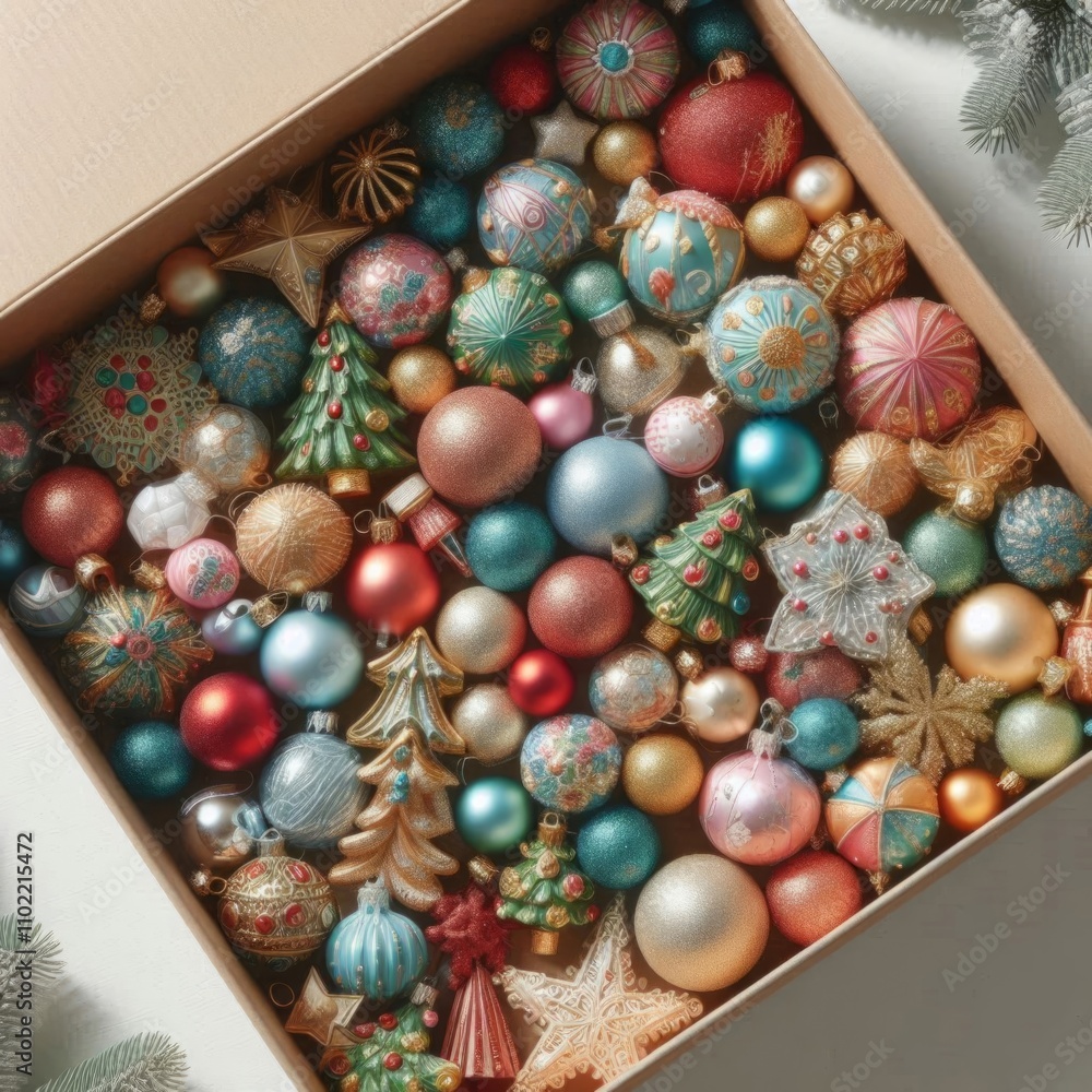 Open box with multi-colored shiny glass Christmas tree balls, close-up. Christmas and New Year. AI generated. Open box with multi-colored shiny glass Christmas tree balls, close-up. Christmas and New Year. AI generated.