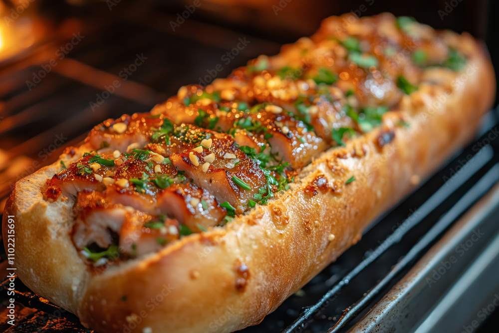 Vietnamese baguette toasting in a warm oven with aromatic toppings Vietnamese baguette toasting in a warm oven with aromatic toppings