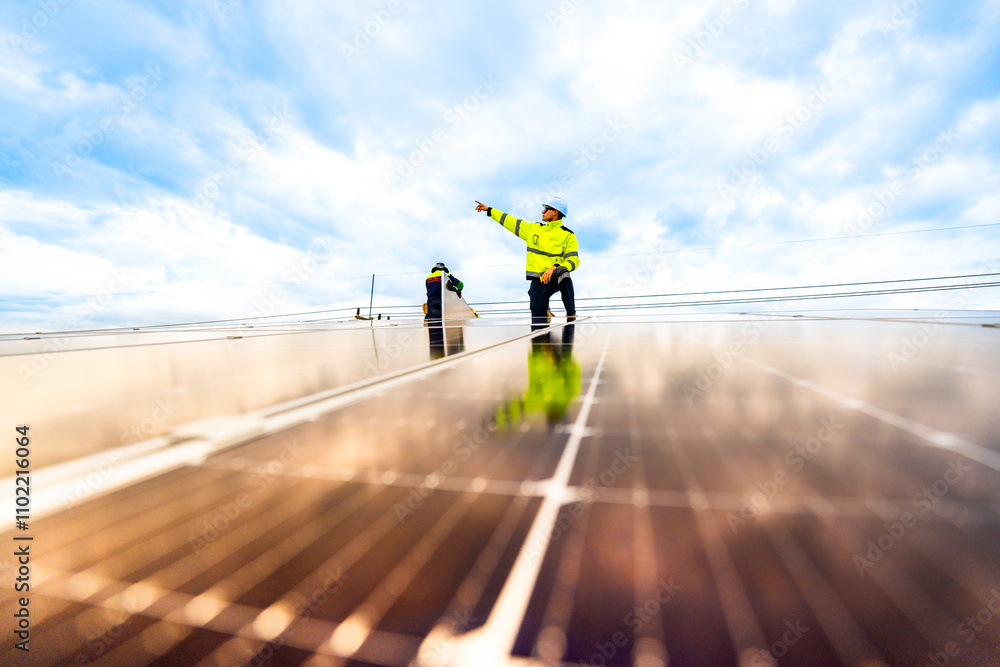 custom made wallpaper toronto digitalengineer man inspects construction of solar cell panel or photovoltaic cell by electronic device. Industrial Renewable energy of green power. factory worker working on tower roof.