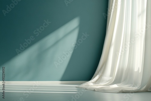 morning peace, a calm blue monday morning with gentle light peeking through a sheer curtain, casting a soft hue over the room photo