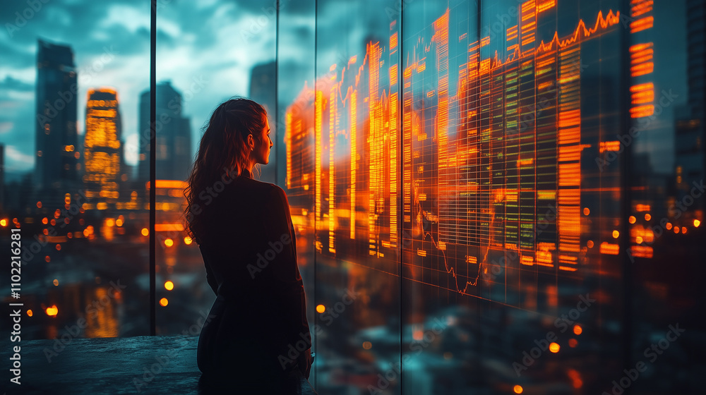 Fototapeta premium Analysts brainstorming about revenue strategies with charts projected onto glass walls.