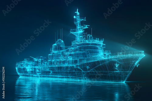 Digital wireframe of a modern battleship in a luminous blue hue on a dark background, highlighting advanced naval technology and innovation for military or maritime visuals