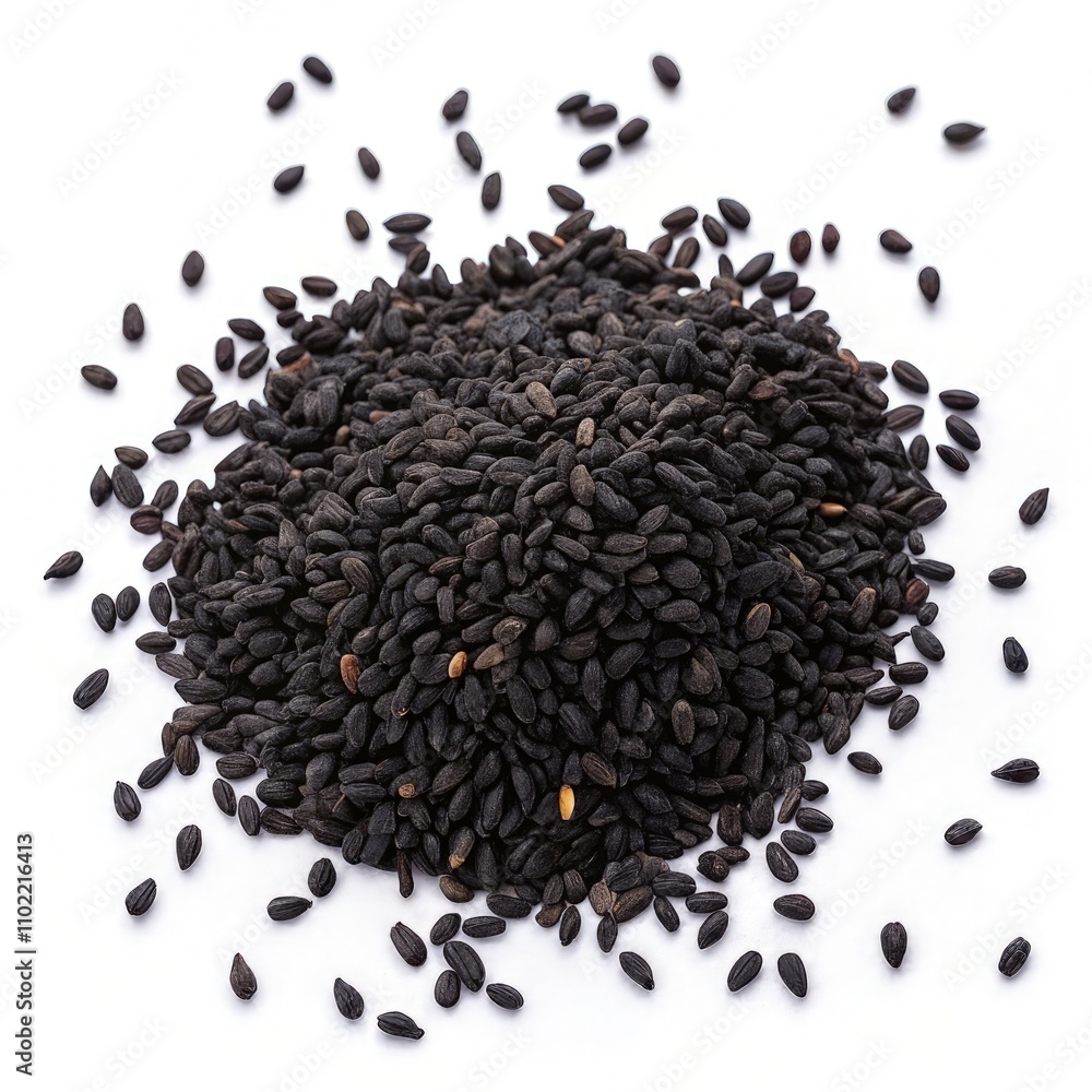Black Cumin Seeds Displayed on a White Background From a Top View Perspective. Generative AI Black Cumin Seeds Displayed on a White Background From a Top View Perspective. Generative AI