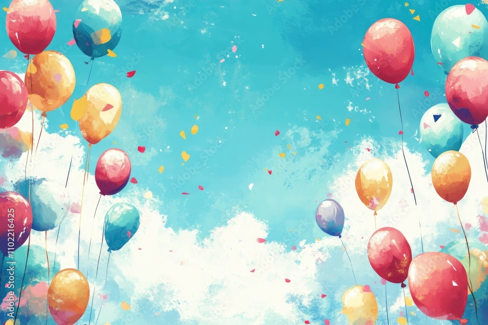 Colorful balloons floating in blue sky with clouds and confetti Colorful balloons floating in blue sky with clouds and confetti