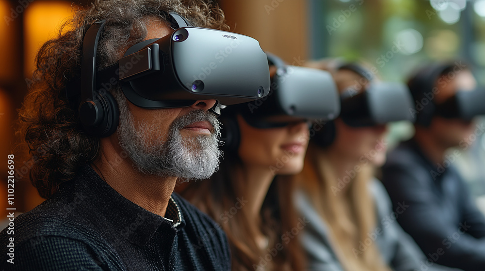 A collaborative meeting where colleagues wear VR headsets to review interactive business models. A collaborative meeting where colleagues wear VR headsets to review interactive business models.