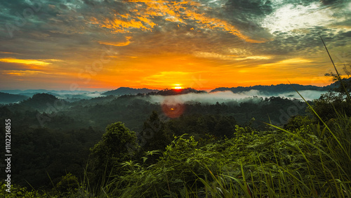 Mountain Hill Range with Sunrise Sunset at Dawn Dusk