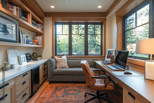 Wallpaper Mural Modern home office with large windows overlooking nature Torontodigital.ca