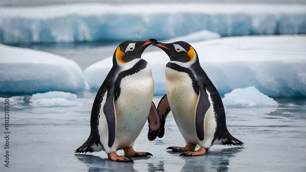 Fototapeta premium Two European Penguins stand close together, their tuxedo-like plumage creating a striking pattern against the icy backdrop. aI
