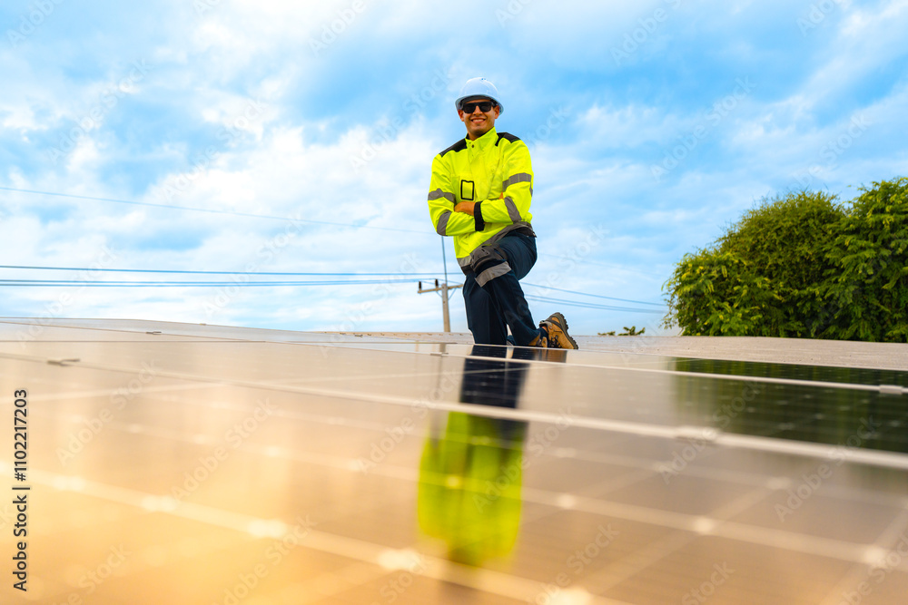 custom made wallpaper toronto digitalengineer man inspects construction of solar cell panel or photovoltaic cell by electronic device. Industrial Renewable energy of green power. factory worker working on tower roof.