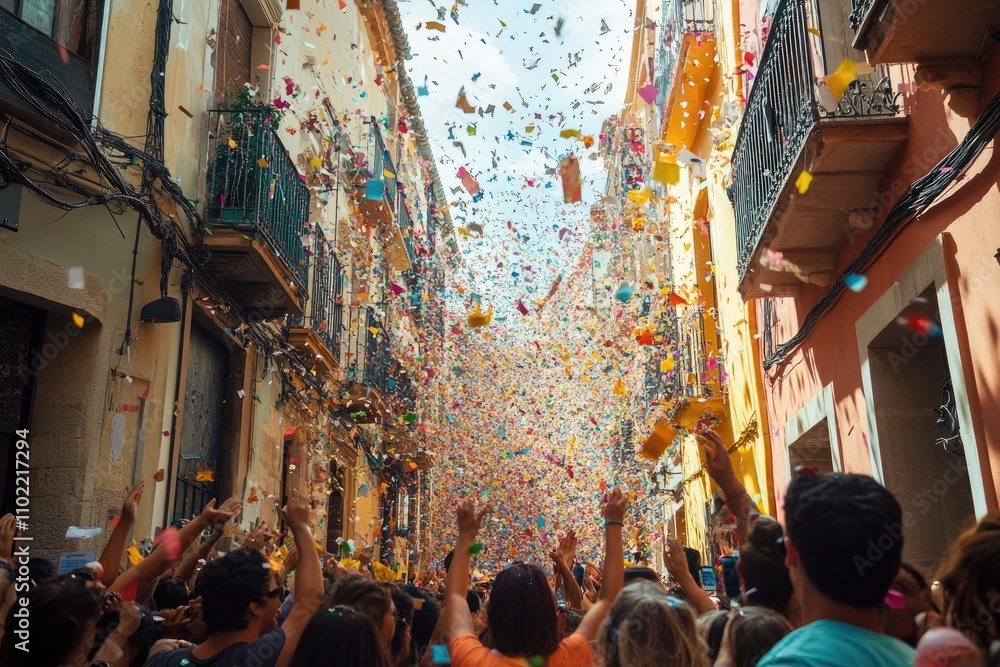 Fototapeta premium Crowd celebrating with colorful confetti falling in city street