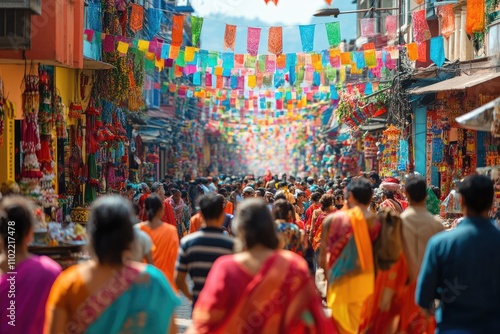 Crowd walking on thamel street in kathmandu during colorful festival