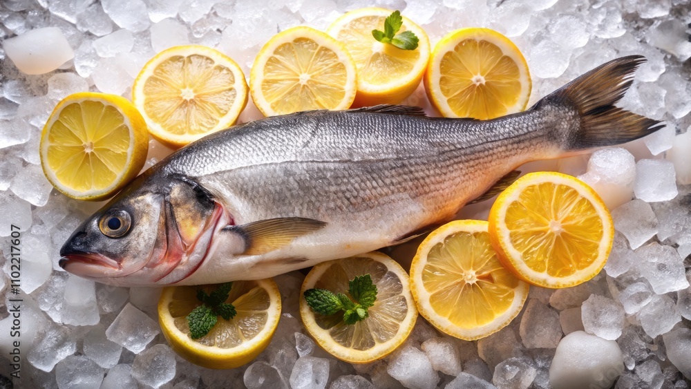 Fresh Fish on Crushed Ice With Lemon Slices and Mint Garnishing. Generative AI Fresh Fish on Crushed Ice With Lemon Slices and Mint Garnishing. Generative AI