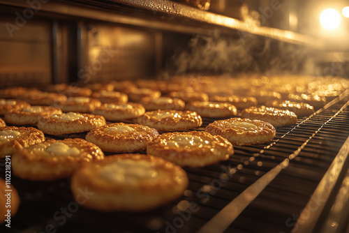 Freshly baked sweet rolls cooling on racks after taking them out of the oven