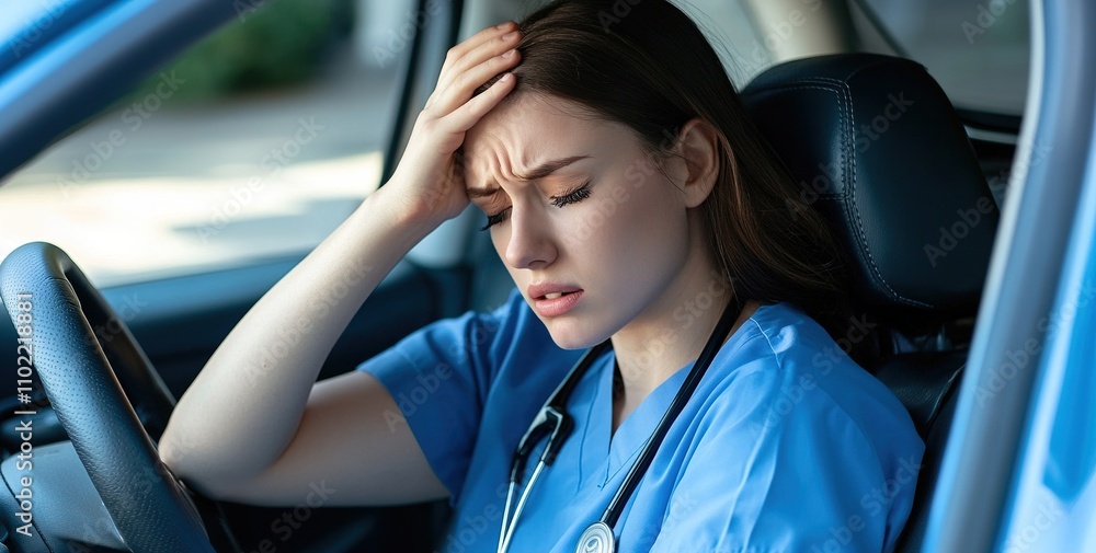A female nurse in blue scrubs sitting inside her car, with her head resting on her hand. A female nurse in blue scrubs sitting inside her car, with her head resting on her hand.