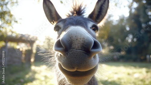 Lachender Esel vor hellen Bäumen