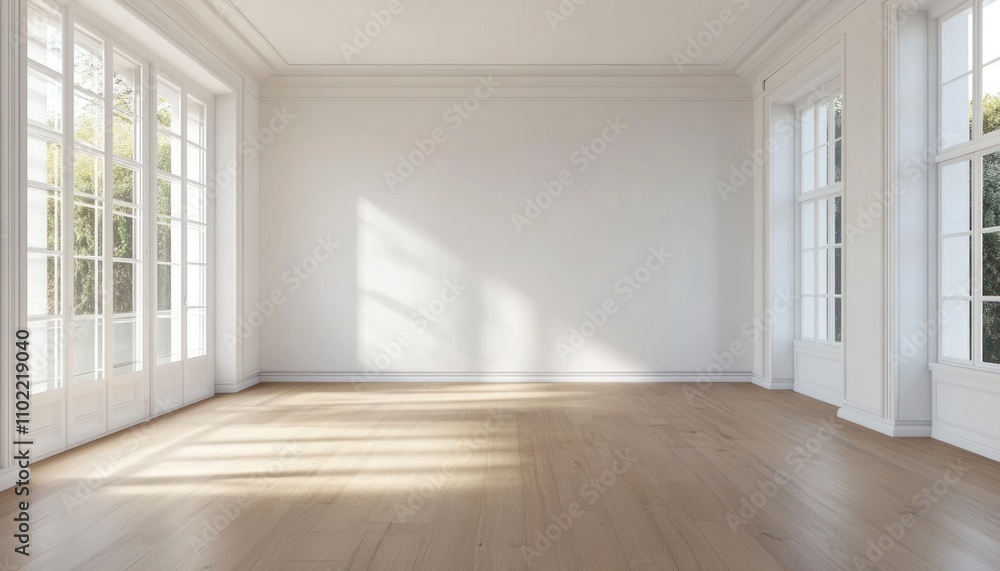 Empty White Room with Wooden Floor and Sunlight Streaming Through Windows Empty White Room with Wooden Floor and Sunlight Streaming Through Windows
