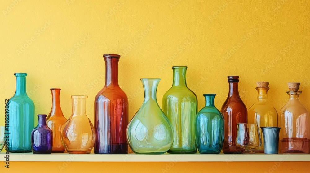 Colorful glass bottles on a vibrant yellow shelf background Colorful glass bottles on a vibrant yellow shelf background