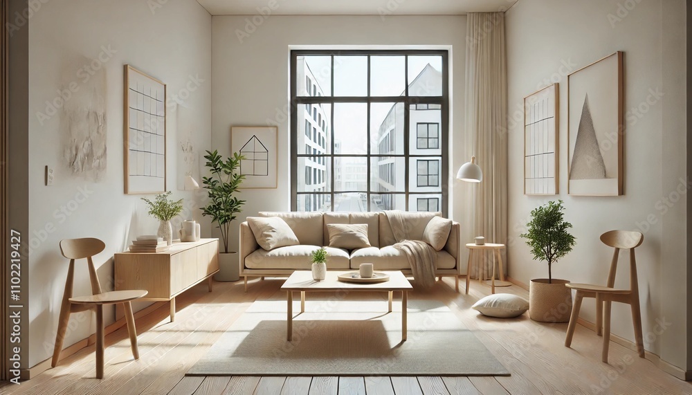 Fototapeta premium A minimalist yet cozy interior design featuring a compact living room with Scandinavian-style furniture. The space includes a comfortable beige sofa