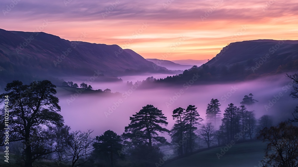 Mountain valley at dawn with soft mist and vibrant sunrise colors creating a serene landscape view