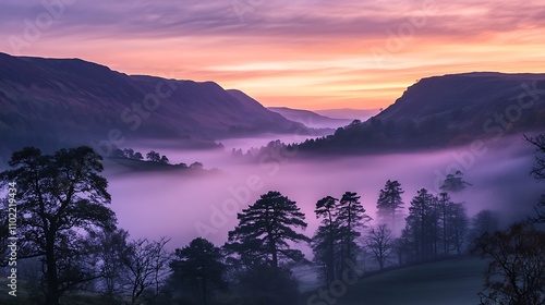 Obraz na płótnie Mountain valley at dawn with soft mist and vibrant sunrise colors creating a serene landscape view w salonie