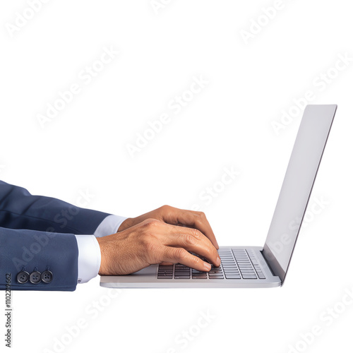 Professional hands typing on a laptop keyboard. transparent background