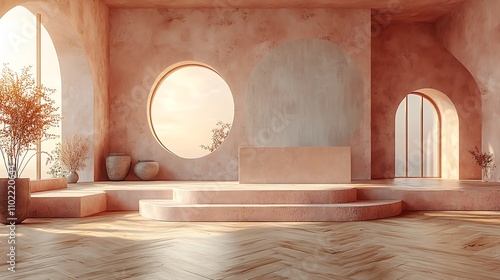 Sunlit minimalist interior with arched windows, display platform, and plants.